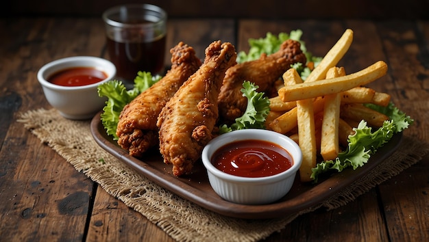 A delicious rectangularsized plate of crispy fried chicken wings and golden french fries