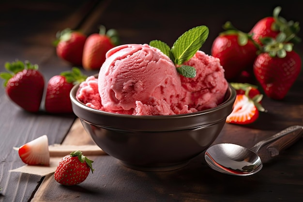 Delicious and refreshing ice cream made with ripe juicy strawberries that have been carefully selected for their sweetness and quality Generative AI