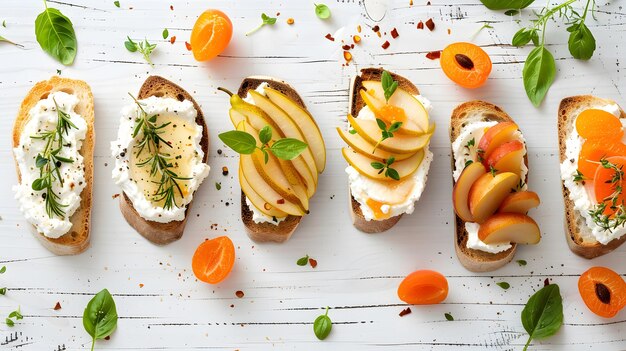 Photo delicious ricotta bruschettas with pears and apricots among products on white wooden table flat