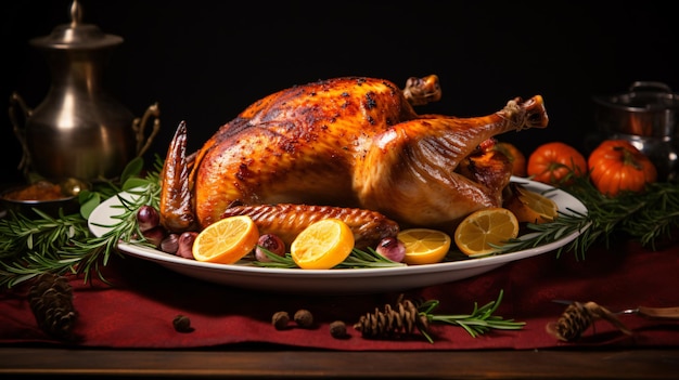 A delicious roast turkey on a plate on a table decoration