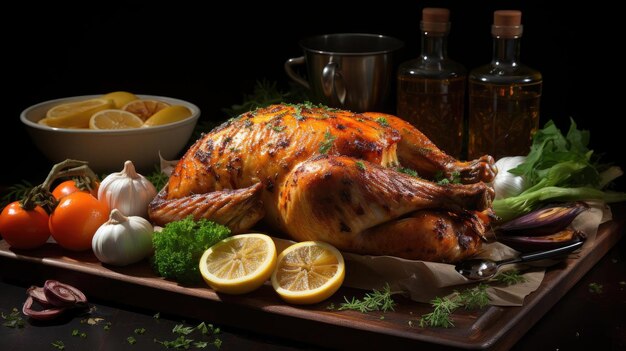 delicious roasted chicken and garlic on a wooden plate with blur background