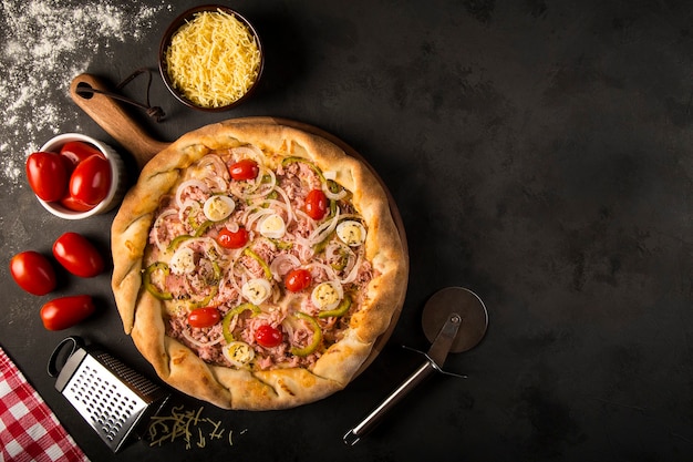 Delicious rustic pizza top view