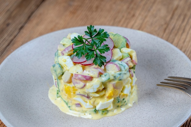 Delicious salad with cucumber, radish and boiled egg with cream sauce in a plate on wooden background. Healthy food, close up