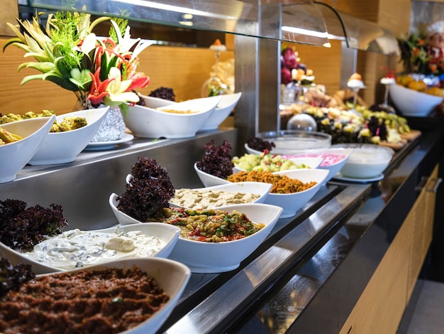 Delicious salads at a hotel buffet