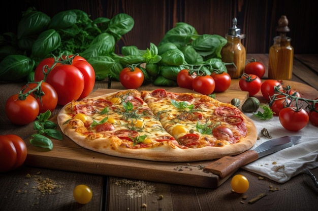 Delicious Salami Pizza on Wooden Table with Decorations