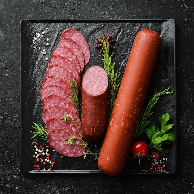 Delicious salami sausage with spices and rosemary Top view Free space for text