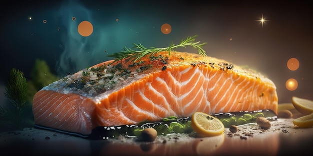 delicious salmon steak juicy on blurred background