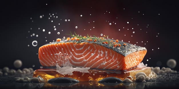 delicious salmon steak juicy on blurred background