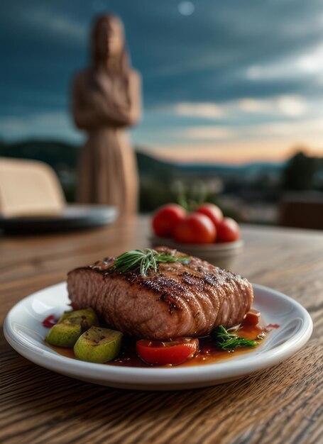 Photo a delicious salmon steak with rosemary and tomatoes and a cozy atmosphere