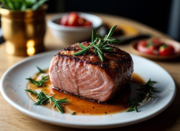 a delicious salmon steak with rosemary and tomatoes and a cozy atmosphere