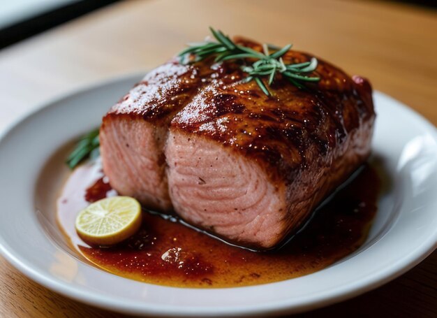 a delicious salmon steak with rosemary and tomatoes and a cozy atmosphere