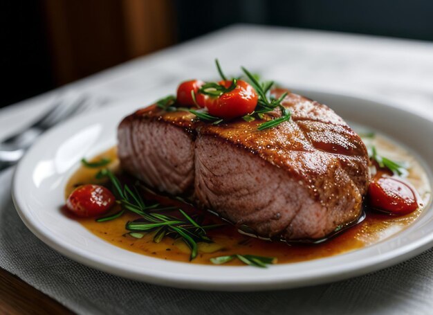 a delicious salmon steak with rosemary and tomatoes and a cozy atmosphere