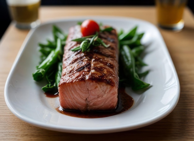 a delicious salmon steak with rosemary and tomatoes and a cozy atmosphere