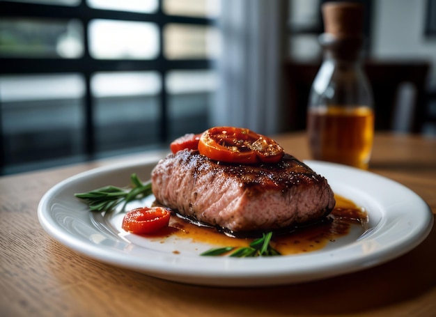 a delicious salmon steak with rosemary and tomatoes and a cozy atmosphere