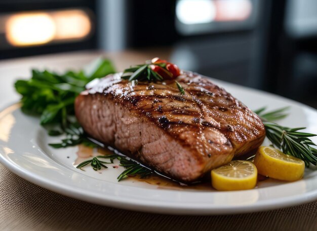 a delicious salmon steak with rosemary and tomatoes and a cozy atmosphere