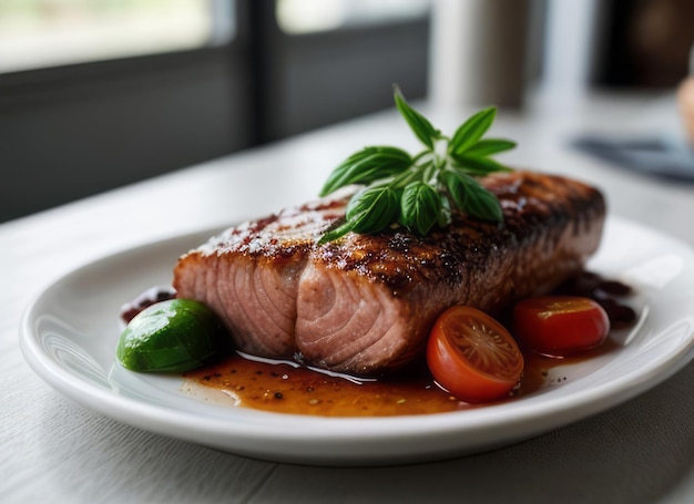 a delicious salmon steak with rosemary and tomatoes and a cozy atmosphere