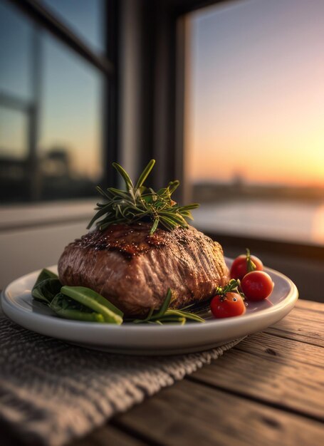 Photo a delicious salmon steak with rosemary and tomatoes and a cozy atmosphere