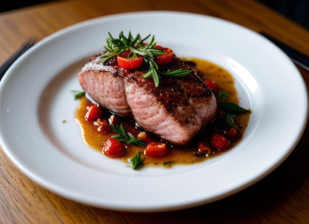 a delicious salmon steak with rosemary and tomatoes and a cozy atmosphere