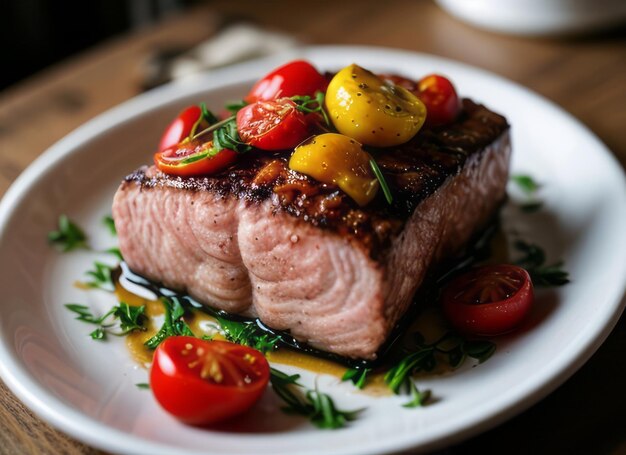 a delicious salmon steak with rosemary and tomatoes and a cozy atmosphere