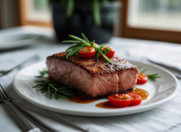 a delicious salmon steak with rosemary and tomatoes and a cozy atmosphere