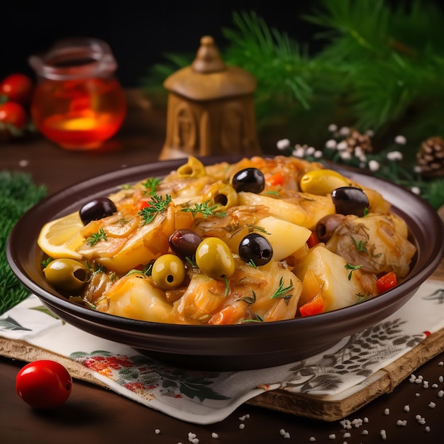 Delicious salted codfish dish isolated on black background