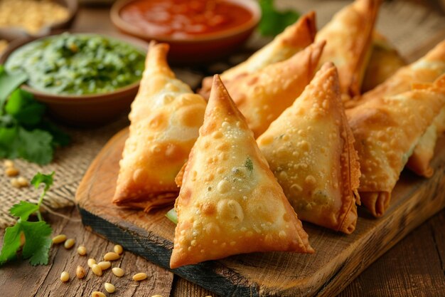 Delicious samosa with green and red chutney on a wooden board