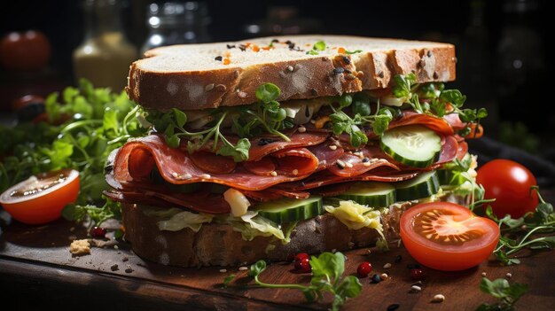 Delicious sandwich full of meat and vegetables black and blur background