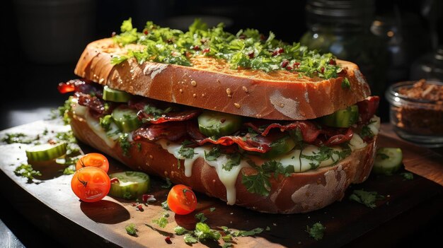 Delicious sandwich full of meat and vegetables black and blur background