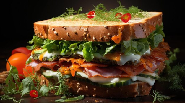 Delicious sandwich full of meat and vegetables black and blur background