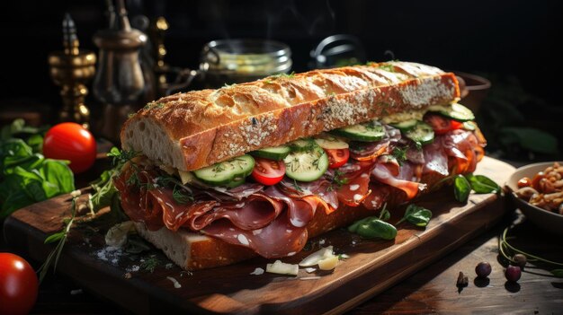 Delicious sandwich full of meat and vegetables black and blur background