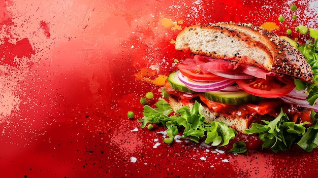 Delicious Sandwich with Fresh Vegetables on a Red Background