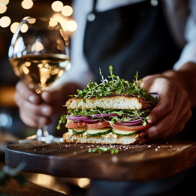 Photo delicious sandwich with fresh vegetables and white wine