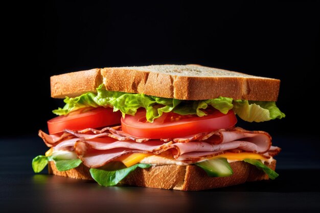 Delicious Sandwich with Ham Cheese and Vegetables on Black Background