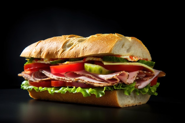 Delicious Sandwich with Ham Cheese and Vegetables on Black Background