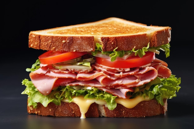 Delicious sandwich with ham salad cheese and tomatoes on gray background close up vertical copy spac