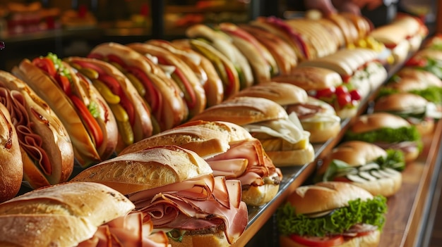 Photo delicious sandwiches displayed in bakery a variety of appetizing sandwiches with various fill