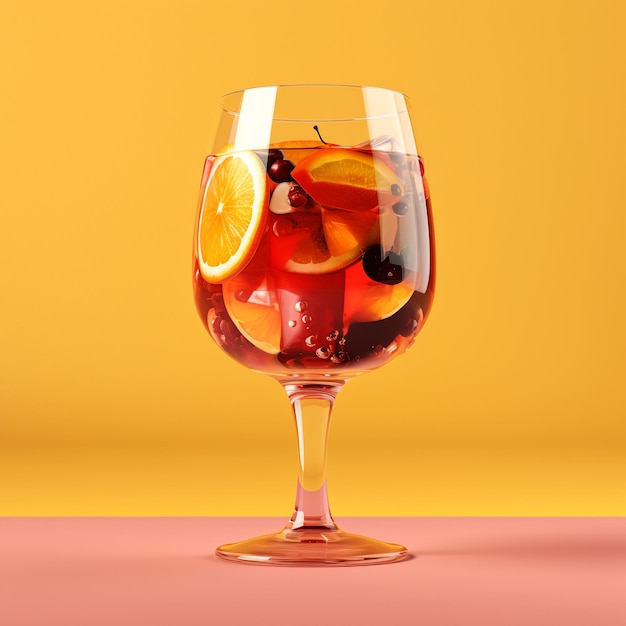 delicious sangria in glass on yellow surface