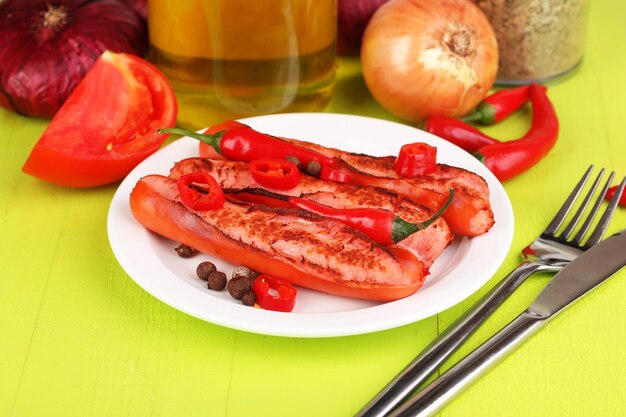 Delicious sausages with vegetables on plate on wooden table closeup