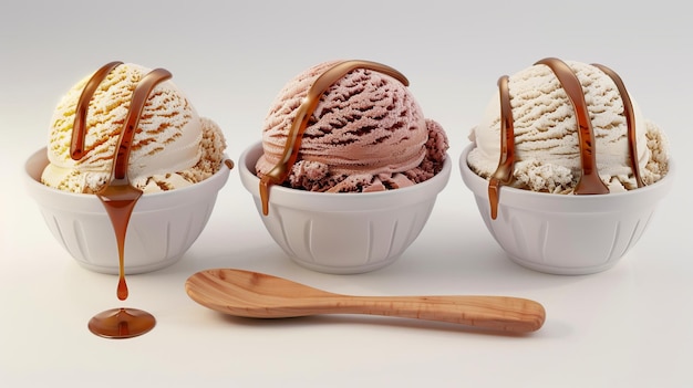 Delicious scoops of creamy ice cream nicely drizzled with chocolate sauce in white bowls Perfect for food blogs ice cream advertisements or dessert menus High quality AIgenerated image AI