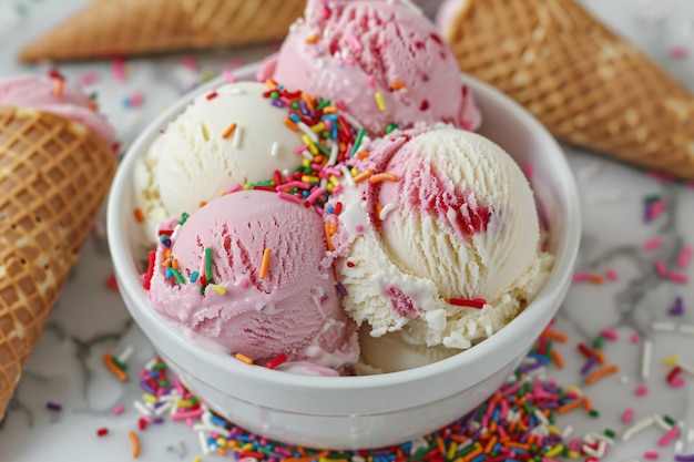 Delicious Scoops of Ice Cream with Waffle Cones and Colorful Sprinkles Perfect Summer Dessert