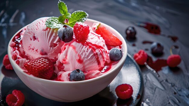 Delicious Scoops of Strawberry Ice Cream with Fresh Berries and Mint Perfect for Desserts Menu or Summer Treat Stylish Dark Background Indulgent Texture Visual AI