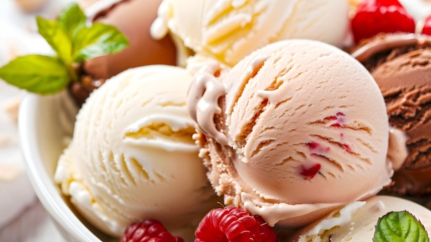 Delicious Scoops of Vanilla and Chocolate Ice Cream with Fresh Raspberries and Mint Perfect Summer Treat Stock Photo AI