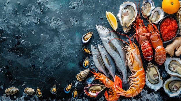 Photo delicious seafood assortment including fish crustaceans oysters and mussels on black stone