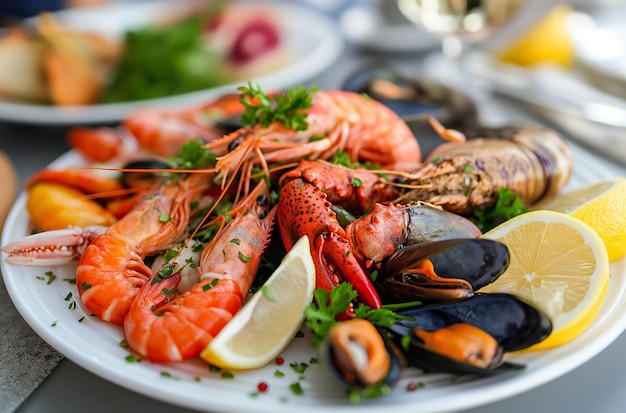 Photo delicious seafood platter being served with lemon and parsley