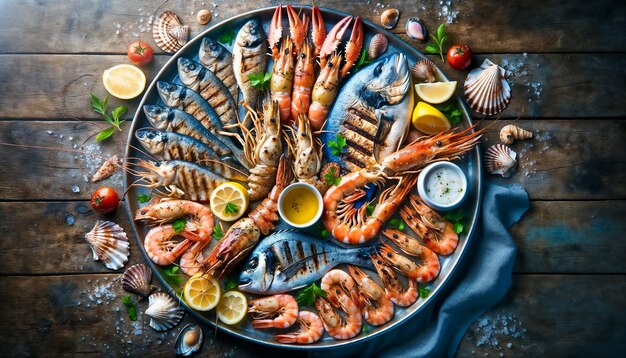 Photo delicious seafood platter of grilled fish shrimp shellfish with lemon slices and sauces top view