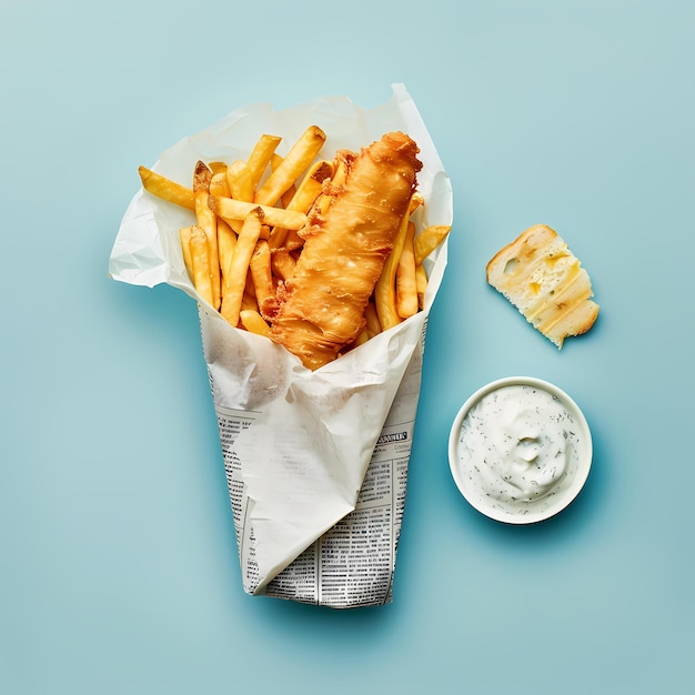 A delicious serving of fish and chips wrapped with a creamy tartar sauce and a piece of bread