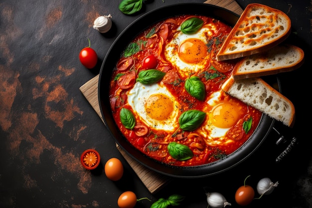 Delicious shakshuka of three eggs red chili sauce and basil with toasted bread