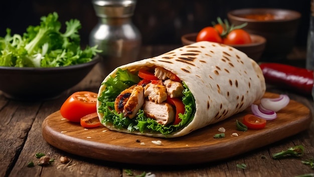 Delicious shawarma with chicken and vegetables in the kitchen