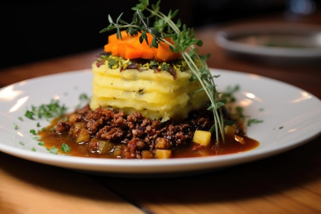 Delicious shepherds pie plated and garnished