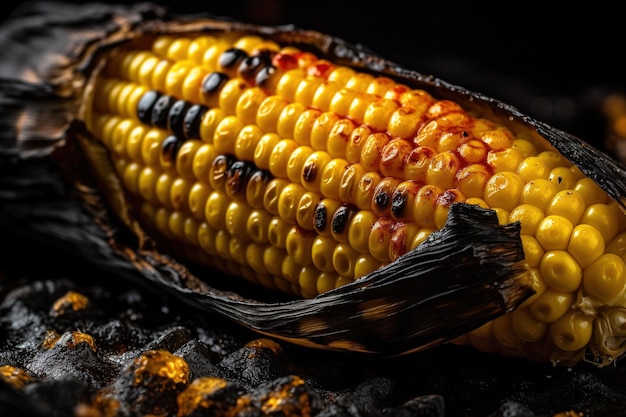 A delicious show of roasted corn on the cob with a dark background and something burnt